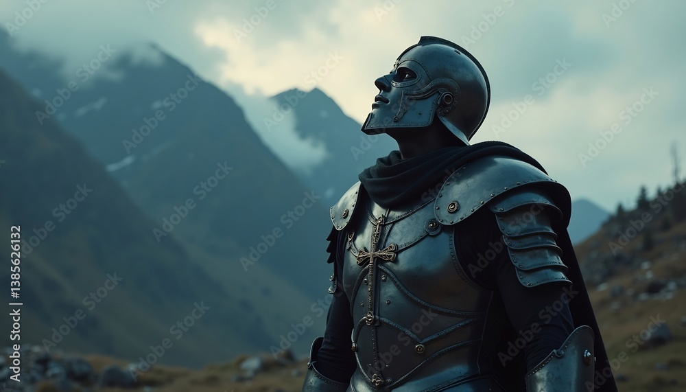 Fototapeta premium Medieval Knight In Armor Gazing Upward In Mountainous Landscape