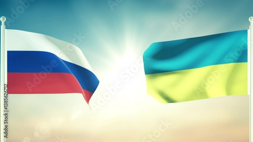 Russia And Ukrainian Flags Waving Against Each Other. 3D Animation with Textured Detail.