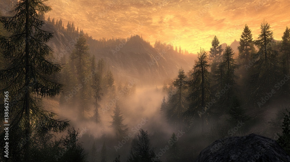 Obraz premium Misty Mountain Sunrise: A Serene Forest Landscape