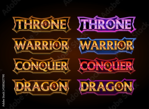 set of fantasy rpg 3d game logo dragon conquer throne collection vector