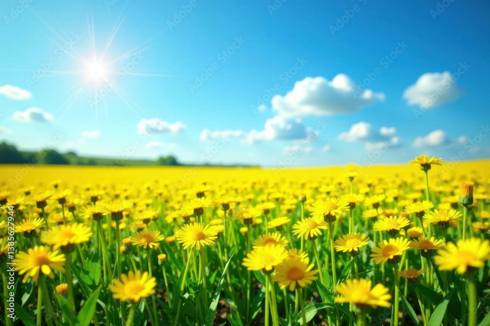 Fototapeta premium field of yellow dandelions under bright blue sky, blue sky, green grass, nature