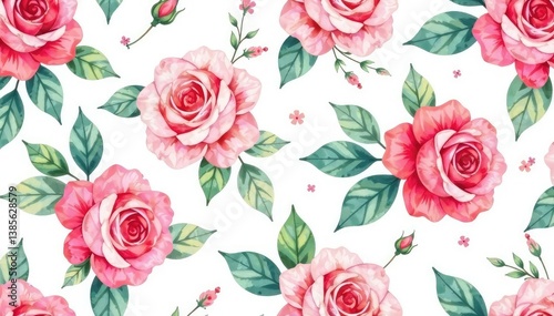 Delicate watercolor roses and leaves, repeating seamlessly , blossom, red