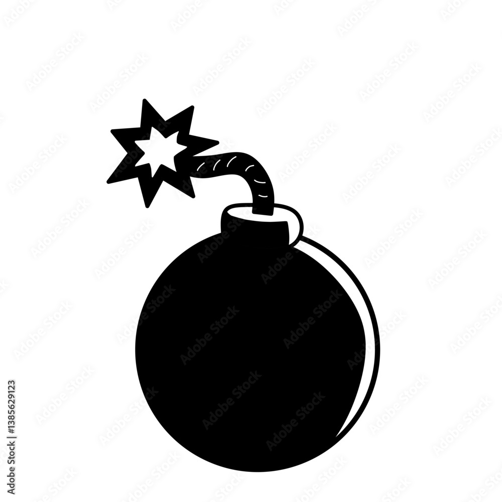 Black and white cartoon bomb illustration with a lit fuse. Perfect for comics, icons, stickers, or design elements with a bold and explosive theme