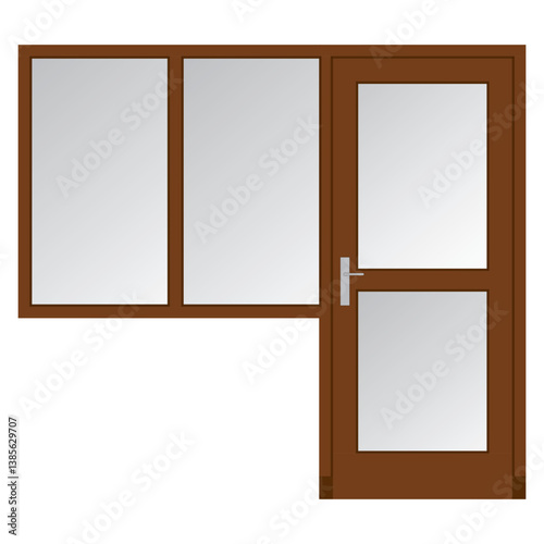 Classic brown door with glass and two windows with glass.