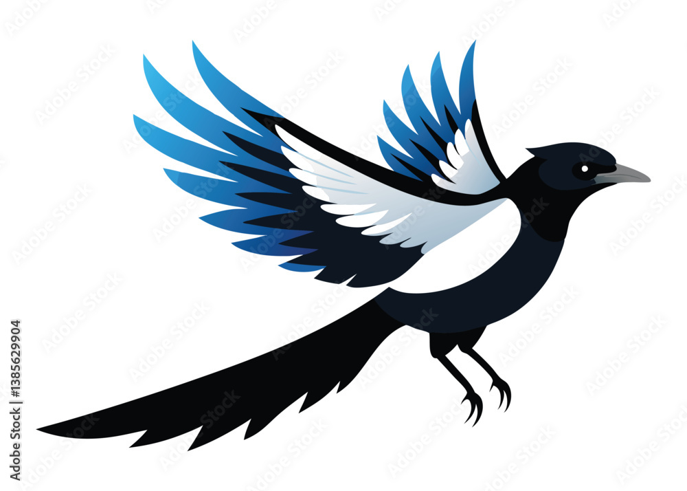 Obraz premium A magpie bird drawing vector, flying magpie raven vector illustration