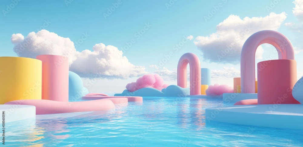 Pastel geometric shapes landscape over water, sunny sky background Pastel geometric shapes landscape over water, sunny sky background