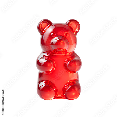 A vibrant red gummy bear with a glossy surface and a playful stance, showcasing its distinctive bear shape and features.