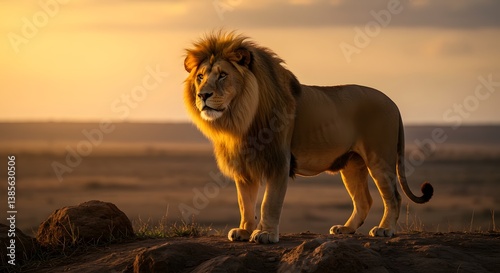 Lion in Savanna at Sunset