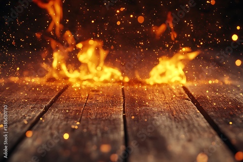 Dramatic Flames Dancing Above Rustic Wooden Planks