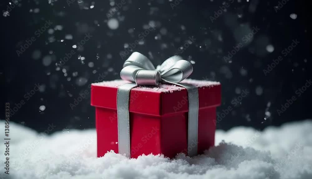 red gift box with silver ribbon, placed on snowy ground Background features blurred snowflakes on dark grey red gift box with silver ribbon, placed on snowy ground Background features blurred snowflakes on dark grey