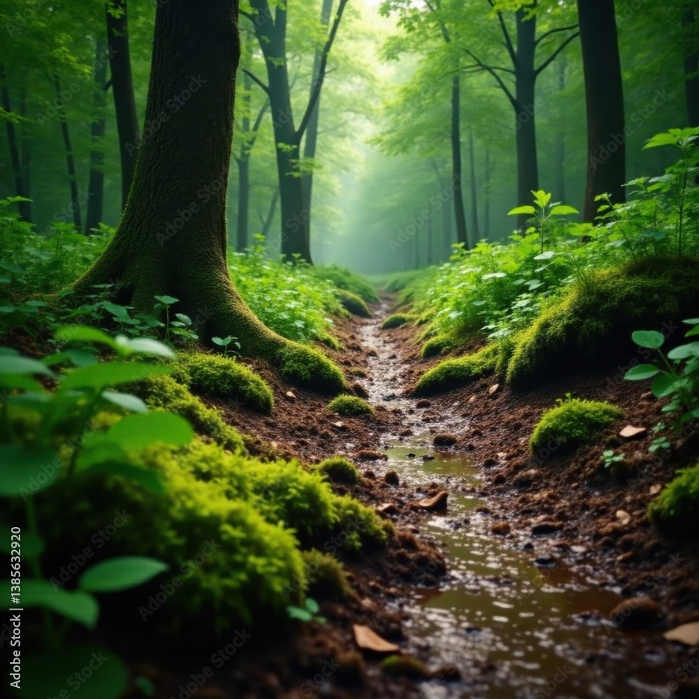 Fototapeta premium Muddy forest floor with overgrown vegetation and moss, forest, earthy, grunge