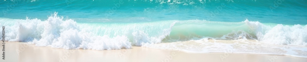 Obraz premium Ocean waves crashing on white sandy beach with foam and turquoise blue water texture , foam, waves