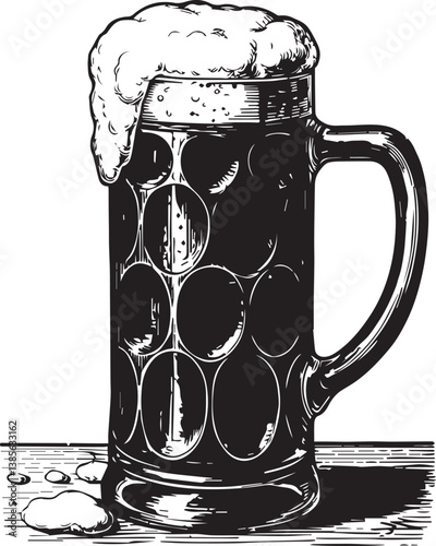 Isolated black and white beer mug with foam vector illustration for octoberfest design and pub advertising