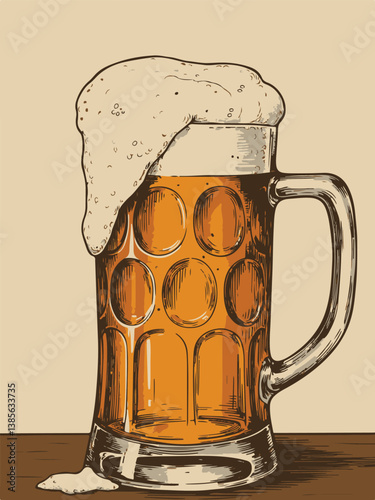 Vintage beer mug illustration with overflowing foam for pub and bar themed graphic design projects