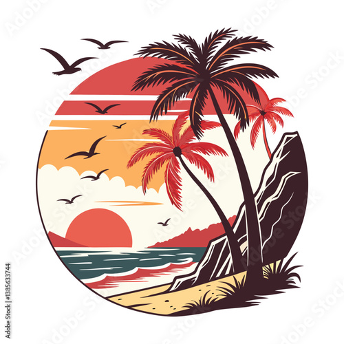 Tropical Sunset Beach in Circle Frame