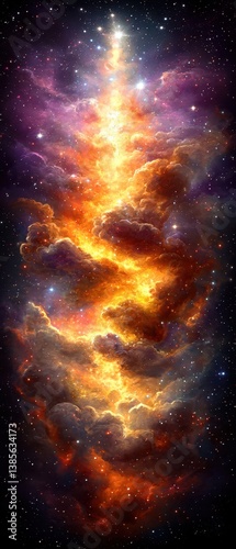 A vibrant cosmic nebula filled with swirling clouds of orange, yellow, and purple, set against a backdrop of stars in a deep space environment.