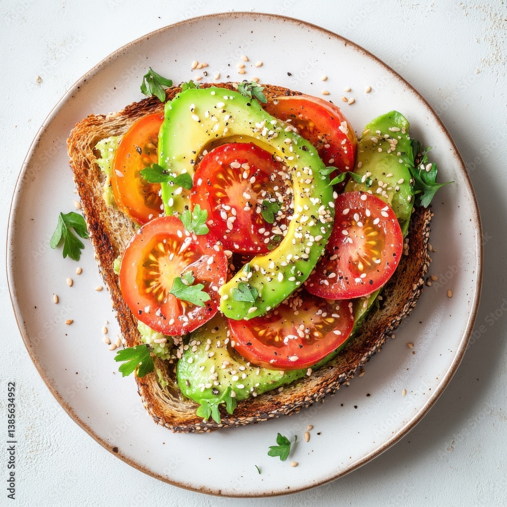 A flavorful avocado and tomato toast with sesame seeds. Featuring texture and taste A flavorful avocado and tomato toast with sesame seeds. Featuring texture and taste