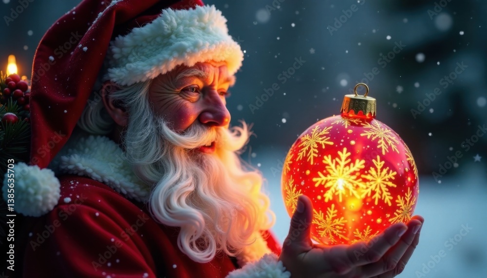 Fototapeta premium Santa's cheerful eyes shine bright with glowing Christmas ball , glowing, decoration, warm