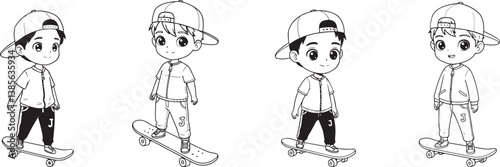Cute cartoon skateboarder boys coloring page for kids activity and creative design vector illustration