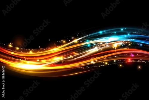A vibrant swirl of colorful light trails against a black background, creating a dynamic and energetic visual effect.