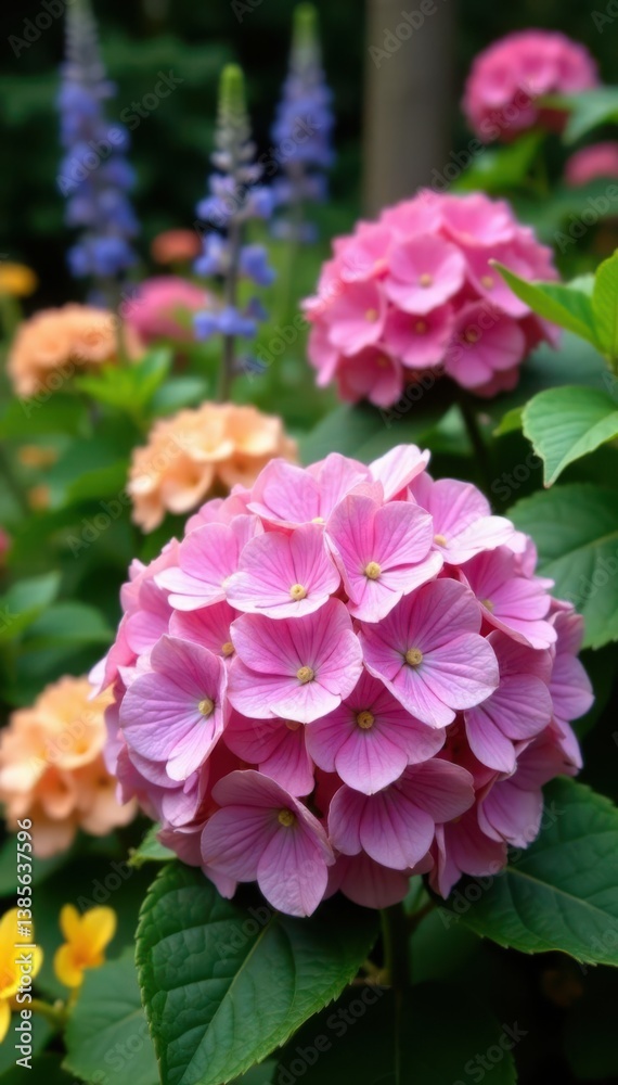 Large hydrangea blooms in garden among colorful flowers and garden decor, hydrangea, landscape Large hydrangea blooms in garden among colorful flowers and garden decor, hydrangea, landscape