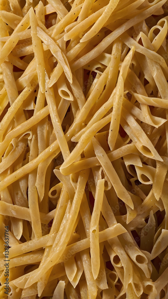 Golden Pasta Display: A close-up, top-down shot showcases a pile of raw penne pasta, their golden hue and unique shapes create a visually appealing and appetizing scene. Golden Pasta Display: A close-up, top-down shot showcases a pile of raw penne pasta, their golden hue and unique shapes create a visually appealing and appetizing scene.