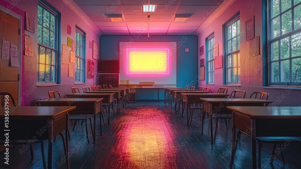 An empty classroom with colorful lighting creating an inviting yet nostalgic atmosphere for learning and creativity An empty classroom with colorful lighting creating an inviting yet nostalgic atmosphere for learning and creativity