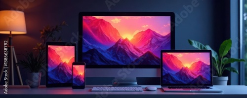 Modern web design with multiple screens and devices, modern technology, smartphone, coding desk