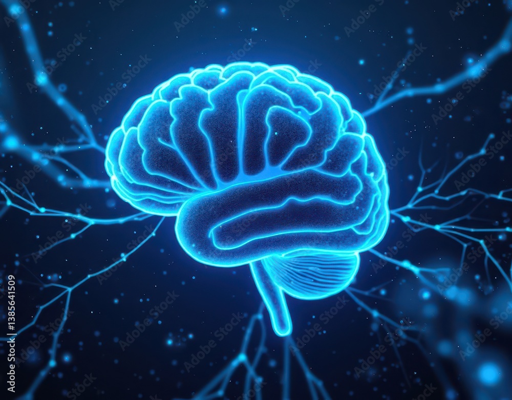Obraz premium Abstract neural pathways forming a glowing digital brain in deep blue tones Generative AI