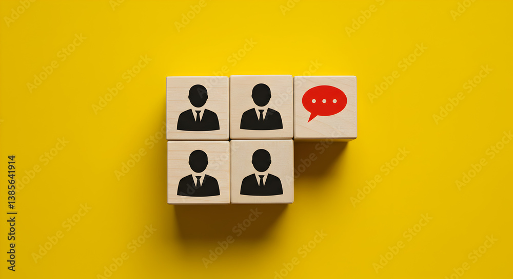 Wooden Blocks with Discussion Icons on Yellow Background Representing Business Team Communication