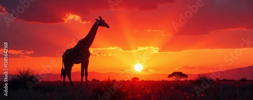 Silhouette of a colossal giraffe against the bright colors of an African sunset, animal, silhouette