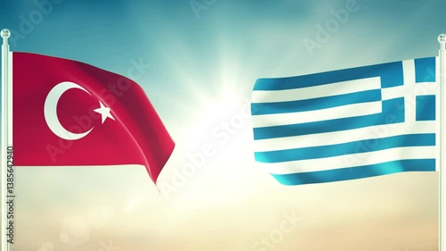 Turkey And Greece Flags Waving Against Each Other. 3D Animation with Textured Detail