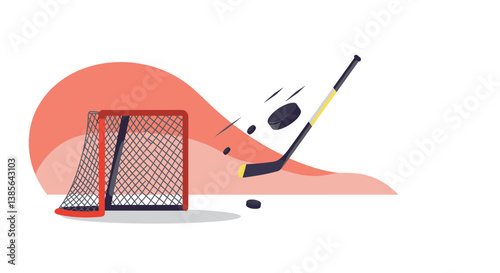 Hockey stick hitting puck towards goal against a colorful background  