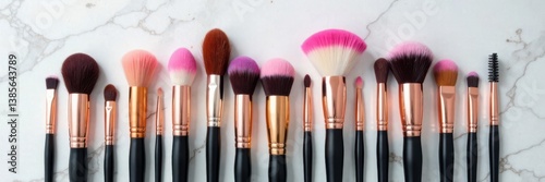 Beautifully arranged makeup brushes on a marble countertop , cosmetics, beauty products