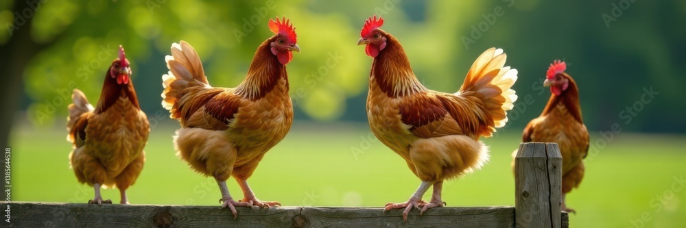 Fototapeta premium Chickens standing on fence post , rural landscape, silhouette