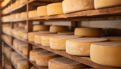 Cheesemaker Oversees The Aging Process Of Parmesan Cheese Wheels In Traditional Italian Warehouse At Dairy Factory