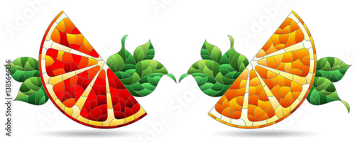 A set of illustrations in the style of stained glass with orange slices, fruit isolated on a white background