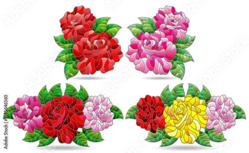 A set of illustrations in a stained glass style with bright rose flowers, isolated on a white background