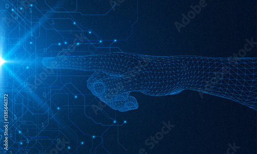 AI innovation concept. Abstract digital background. Digital human hand finger on processor circuit board. Artificial Intelligence concept. 3D low poly wireframe Robot arm and hand human Touch