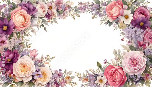 Floral Frame with Roses and Lilacs for Invitations or Greetings