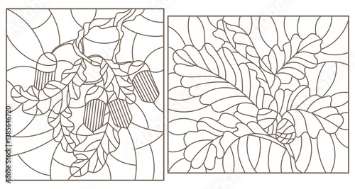 Set of contour illustrations of stained glass Windows with oak branches, acorns and leaves, dark contours on a white background