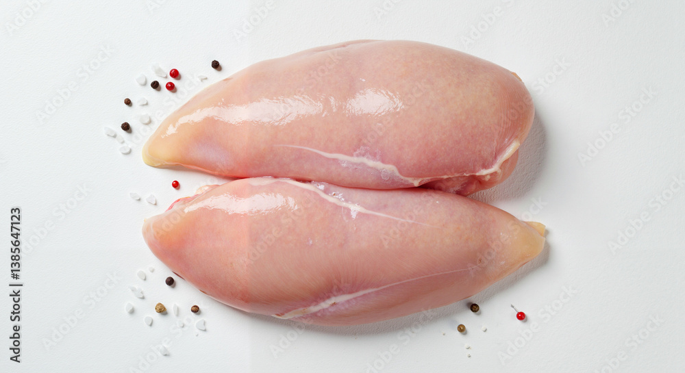 Fototapeta premium Raw chicken breast fillets with spices on white background 