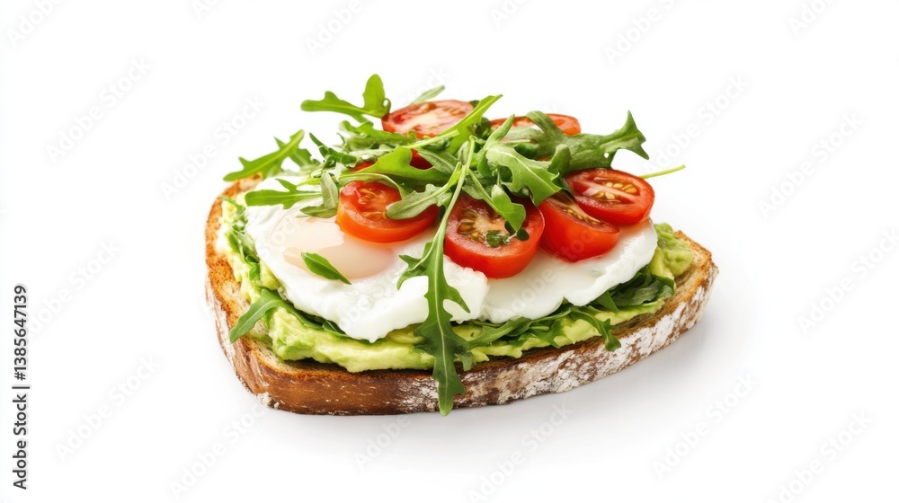 A fresh avocado toast topped with poached eggs, arugula, and cherry tomatoes. Featuring a healthy breakfast choice A fresh avocado toast topped with poached eggs, arugula, and cherry tomatoes. Featuring a healthy breakfast choice