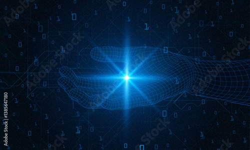AI innovation concept. Abstract digital background. Digital human hand finger on processor circuit board. Artificial Intelligence concept. 3D low poly wireframe Robot arm and hand human Touch