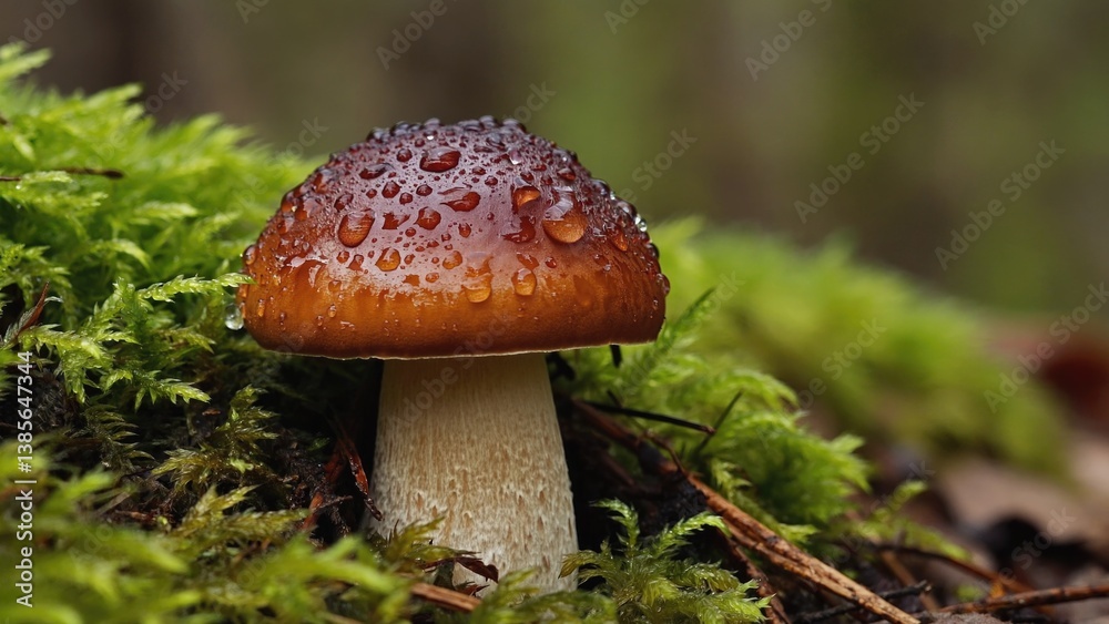 Wet mushroom growing on forest floor after rain. Close up, macro shot focusing on details of the mushroom and surrounding lichen-covered rocks. Wet mushroom growing on forest floor after rain. Close up, macro shot focusing on details of the mushroom and surrounding lichen-covered rocks.
