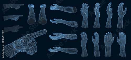 Polygonal Mesh or Wireframe Hands and Gestures. AI innovation concept. Digital human hand finger. Artificial Intelligence concept. 3D low poly mesh grid style digital technology hand guestures