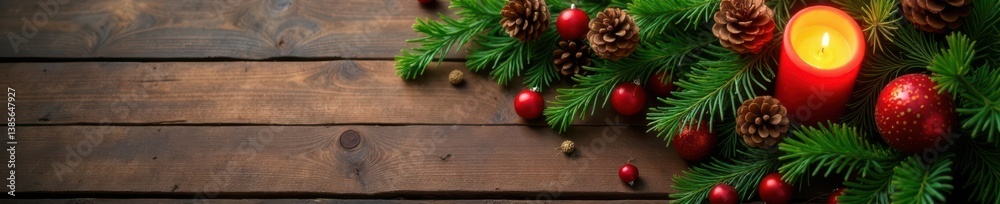 Wooden tabletop with a festive Christmas centerpiece featuring evergreen branches, pinecones, and candles, Pinecones, Cozy ambiance Wooden tabletop with a festive Christmas centerpiece featuring evergreen branches, pinecones, and candles, Pinecones, Cozy ambiance
