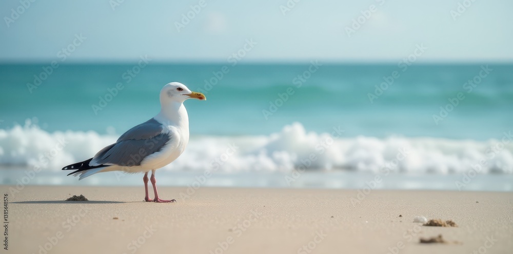 A single seagull standing alone on a deserted beach with calm ocean waves in the background , solitude, wilderness, nature A single seagull standing alone on a deserted beach with calm ocean waves in the background , solitude, wilderness, nature