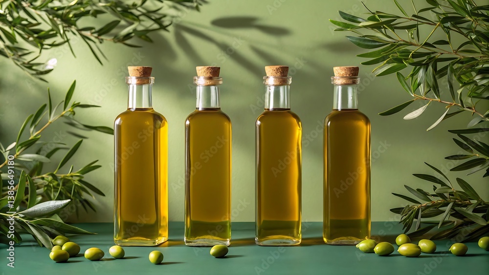 Fototapeta premium Olive oil bottles extra virgin organic cooking food gourmet healthy diet