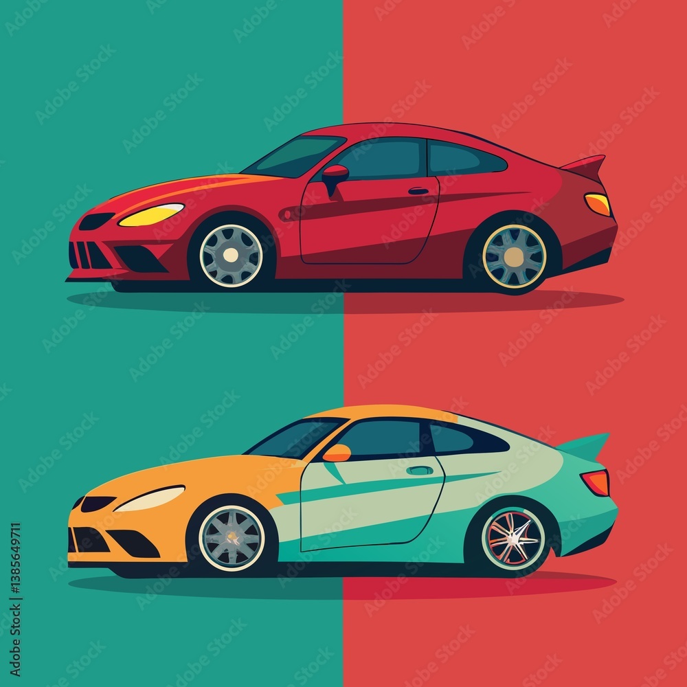 Fototapeta premium Two cars are shown side by side, one is red and the other is orange